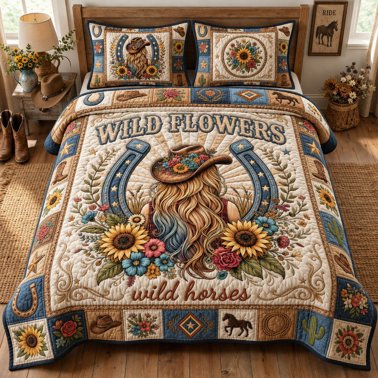 Wild Horses Wild Flowers 3-Piece Quilted Bedding Set GFTOPND1092