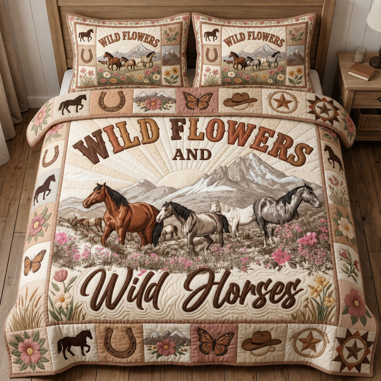 Wild Horses Wild Flowers 3-Piece Quilted Bedding Set GFTOPND1093
