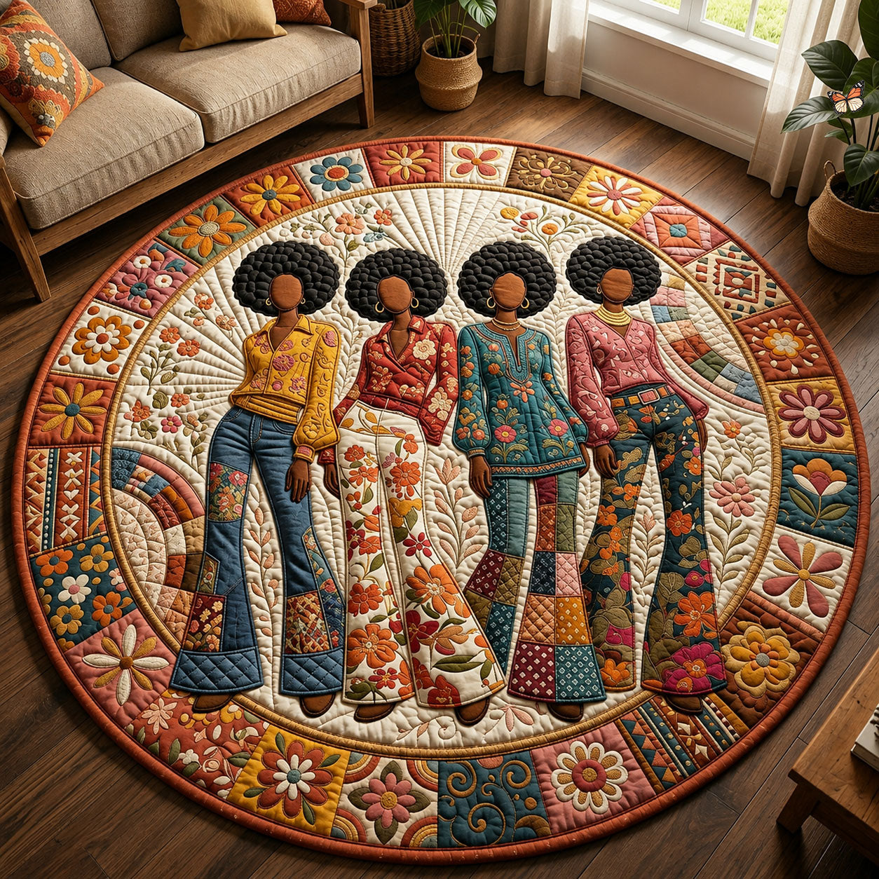 70s Soul Sis Black Women Quilted Round Mat GFTOPND290
