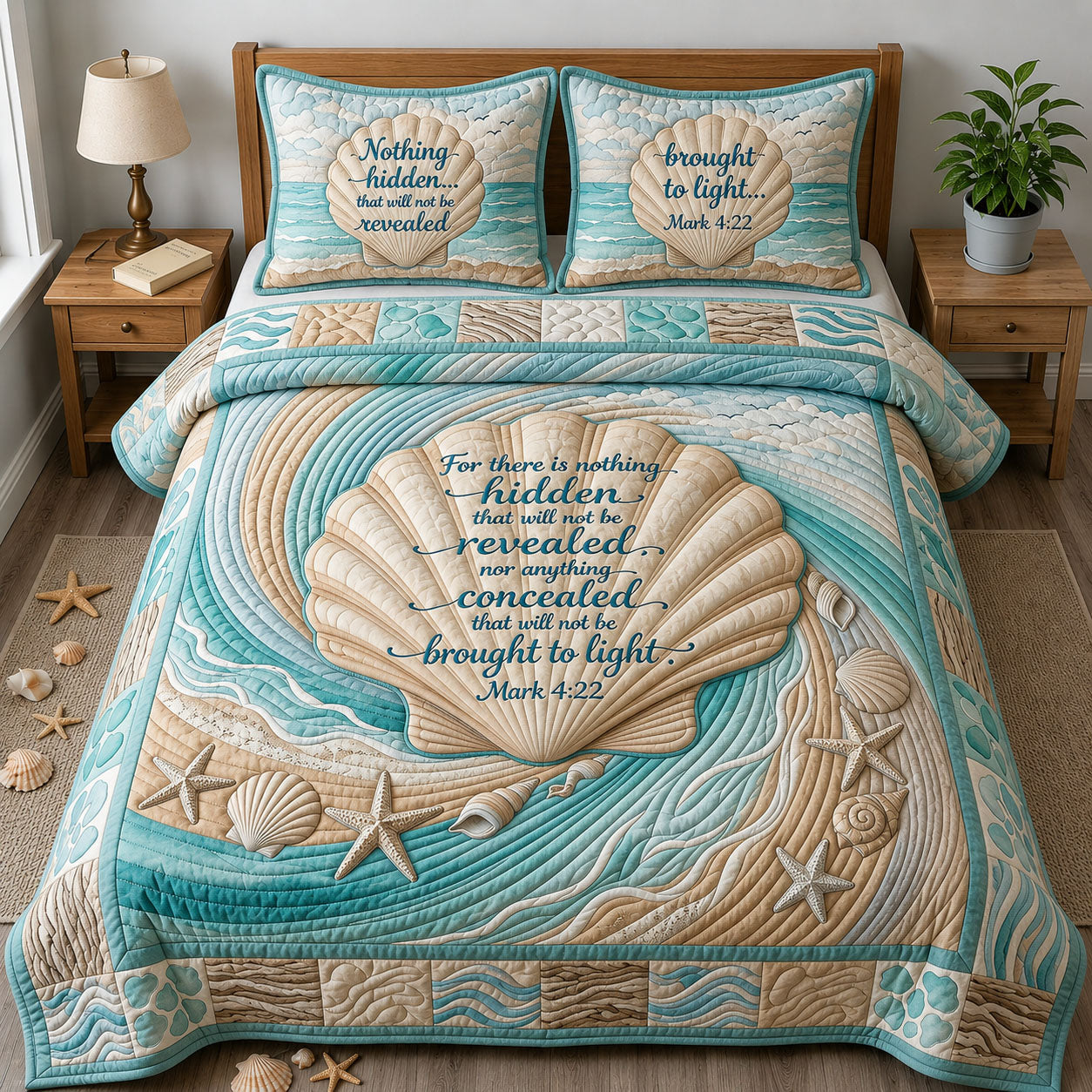 Seashell Bible Quote 3-Piece Quilted Bedding Set GFTOPND364