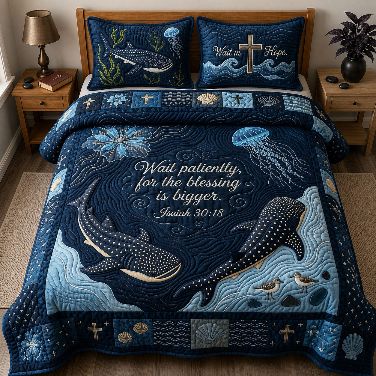 Ocean Bible Quote 3-Piece Quilted Bedding Set GFTOPND369