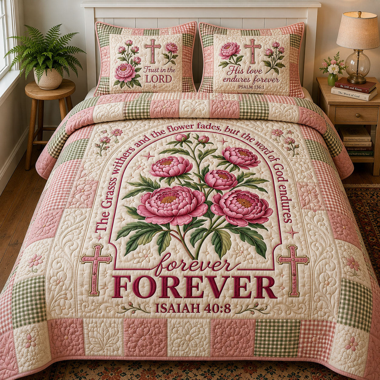 Bible Verse Floral 3-Piece Quilted Bedding Set GFTOPND371