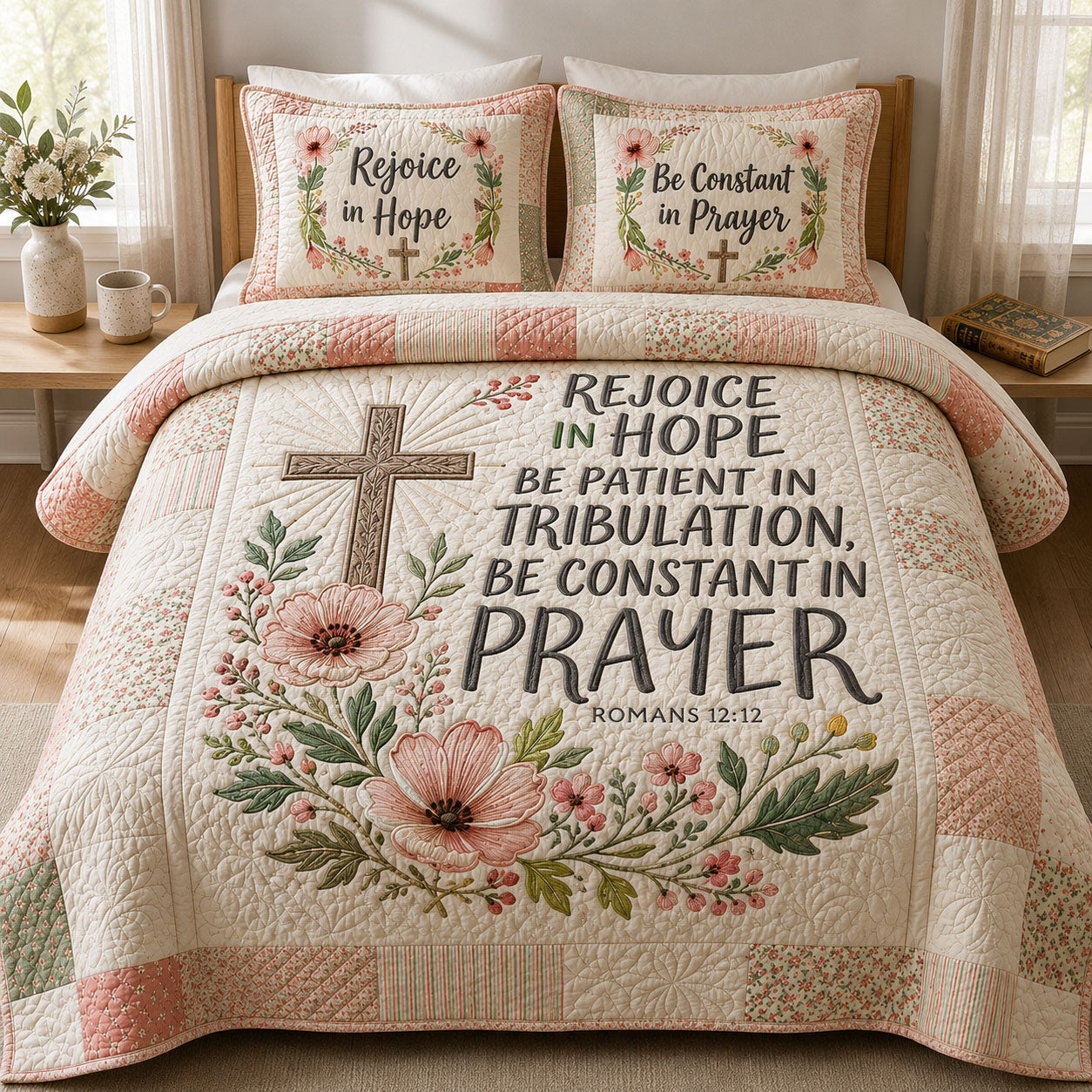 Bible Verse Floral 3-Piece Quilted Bedding Set GFTOPND374