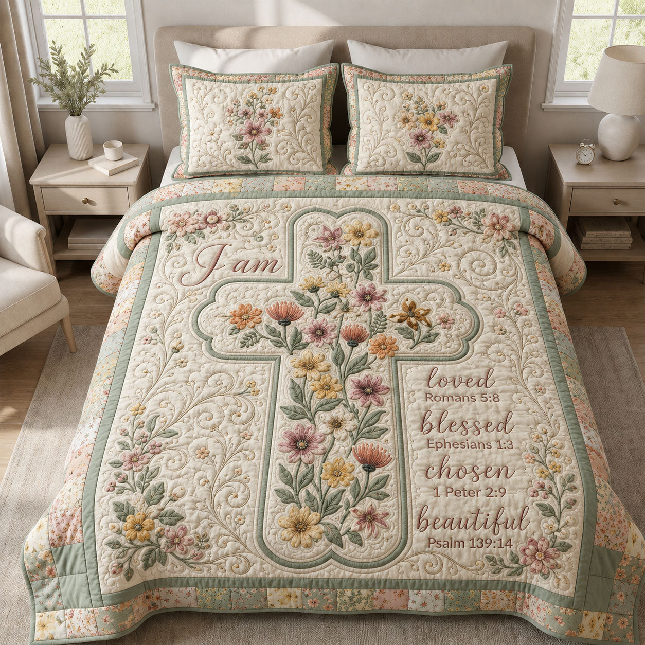 Bible Verse Floral 3-Piece Quilted Bedding Set GFTOPND375
