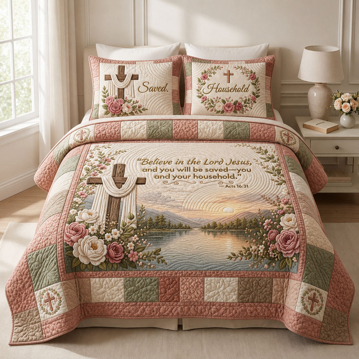 Bible Verse Floral 3-Piece Quilted Bedding Set GFTOPND376