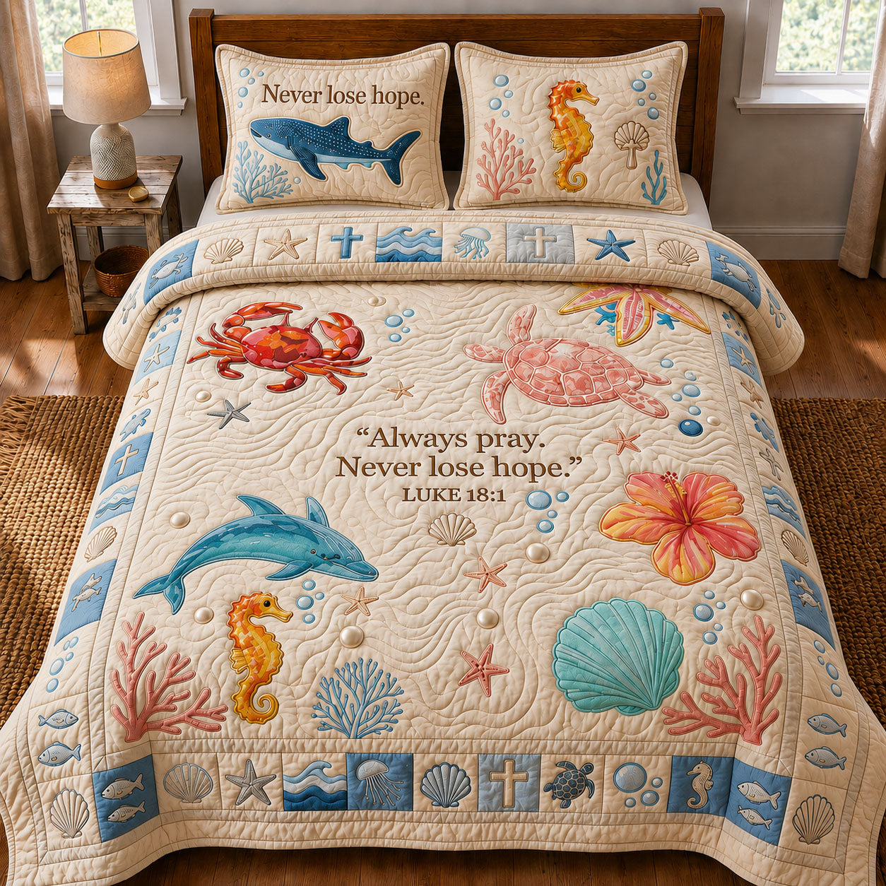 Ocean Bible Quote 3-Piece Quilted Bedding Set GFTOPND383