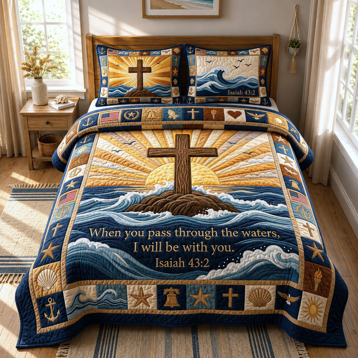 Ocean Bible Quote 3-Piece Quilted Bedding Set GFTOPND384
