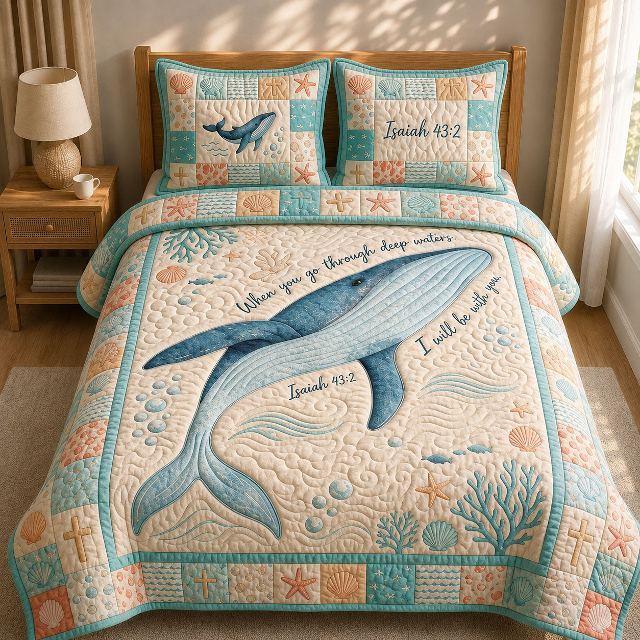 Blue Whale Bible Quote 3-Piece Quilted Bedding Set GFTOPND385