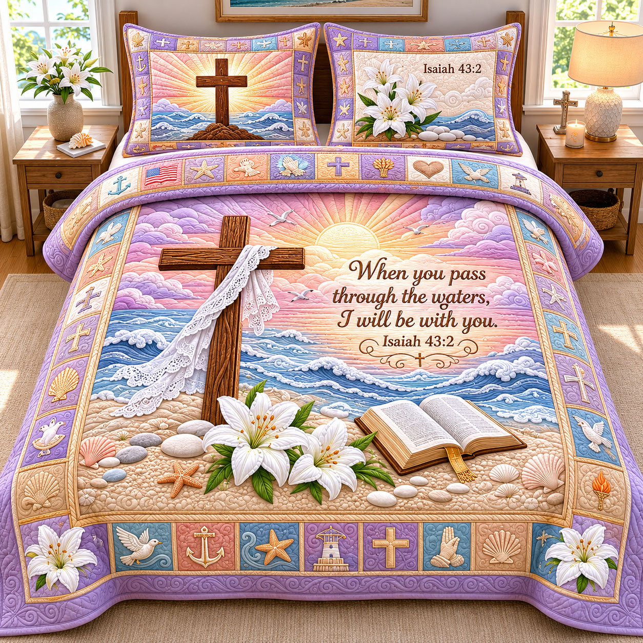 Ocean Bible Quote 3-Piece Quilted Bedding Set GFTOPND387