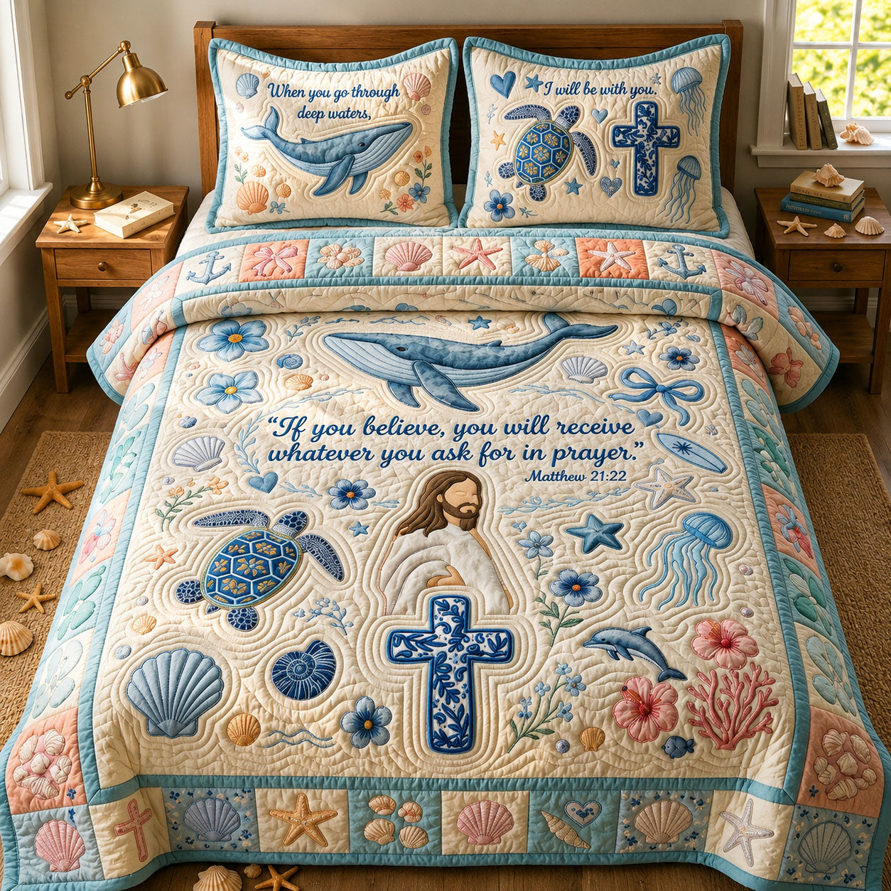 Ocean Bible Quote 3-Piece Quilted Bedding Set GFTOPND388