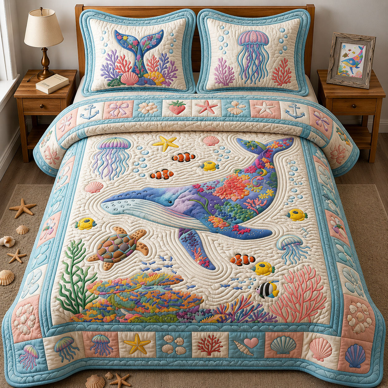Blue Whale 3-Piece Quilted Bedding Set GFTOPND389