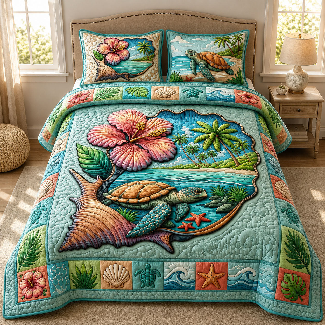 Shell Beach View 3-Piece Quilted Bedding Set GFTOPND391