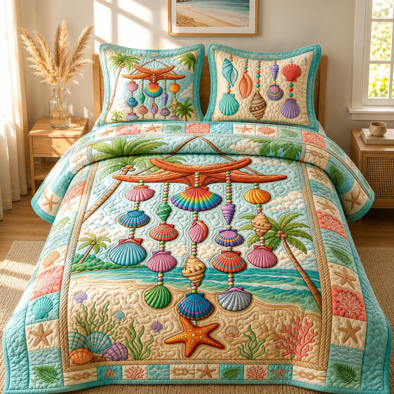 Shell Wind Chime 3-Piece Quilted Bedding Set GFTOPND392