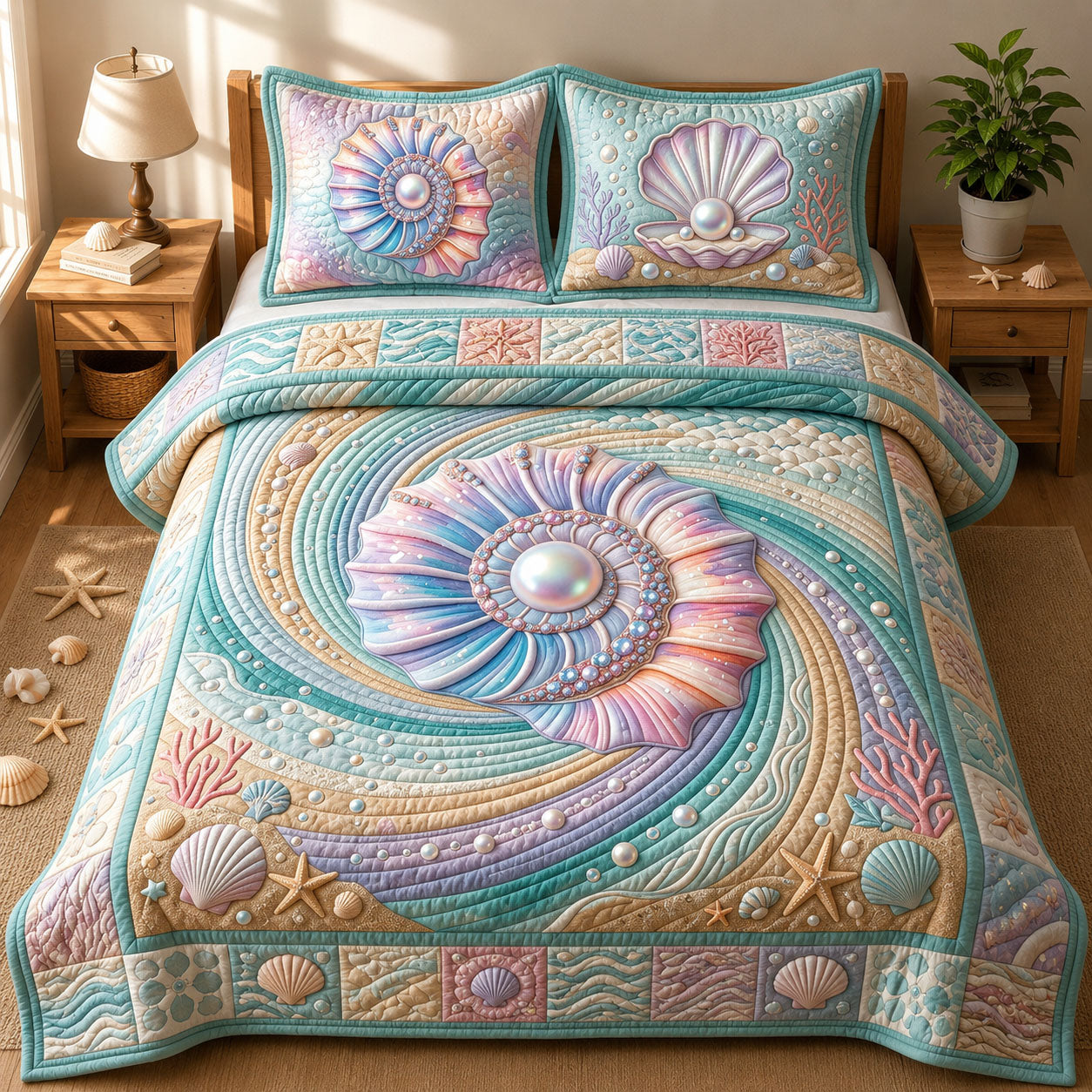 Seashell 3-Piece Quilted Bedding Set GFTOPND394