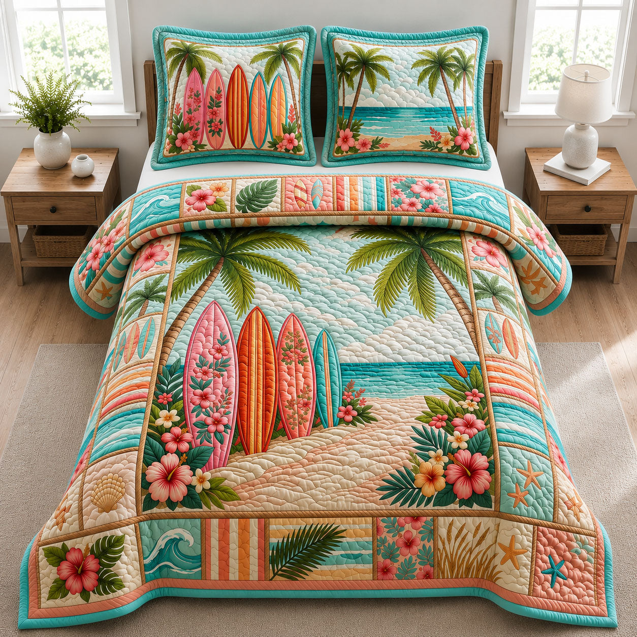 Coastal Life Surfboard 3-Piece Quilted Bedding Set GFTOPND487
