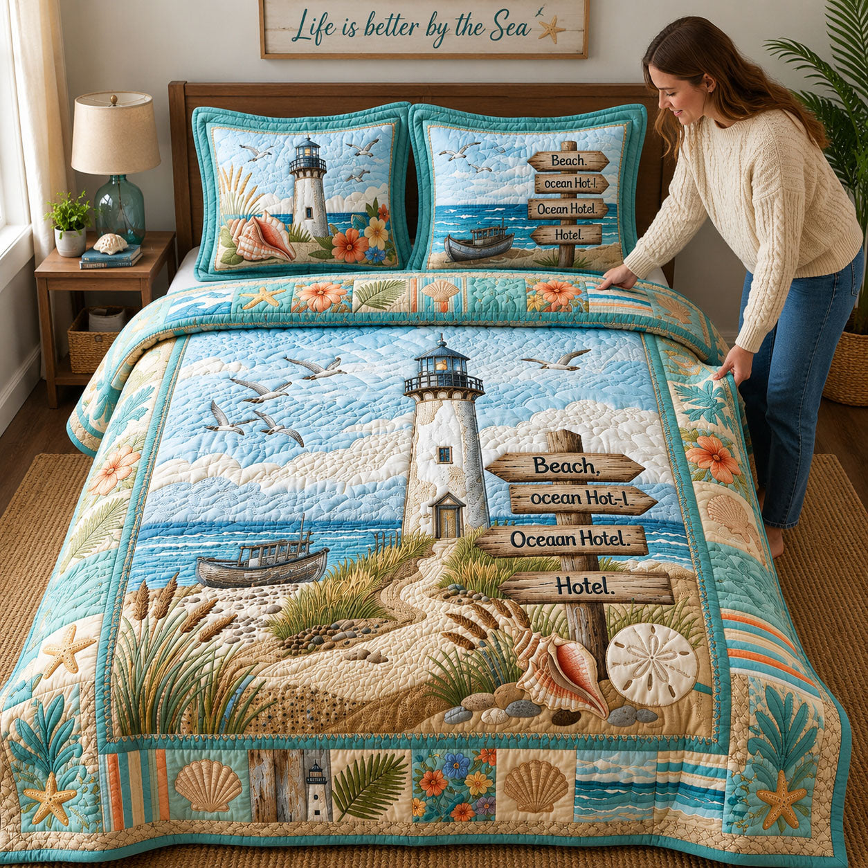 Coastal Life Lighthouse 3-Piece Quilted Bedding Set GFTOPND488