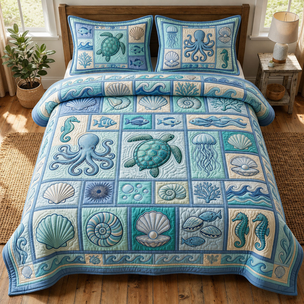 Ocean Creatures 3-Piece Quilted Bedding Set GFTOPND490