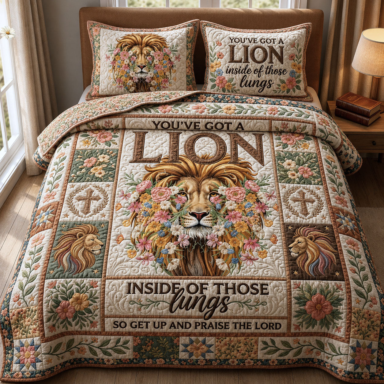 Boho Christian Lion 3-Piece Quilted Bedding Set GFTOPND570