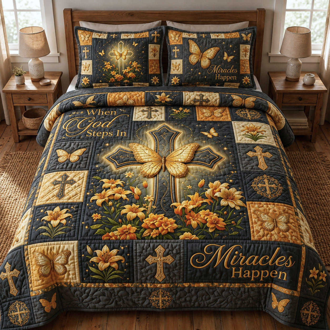 When God Steps In Miracles Happen 3-Piece Quilted Bedding Set GFTOPND578
