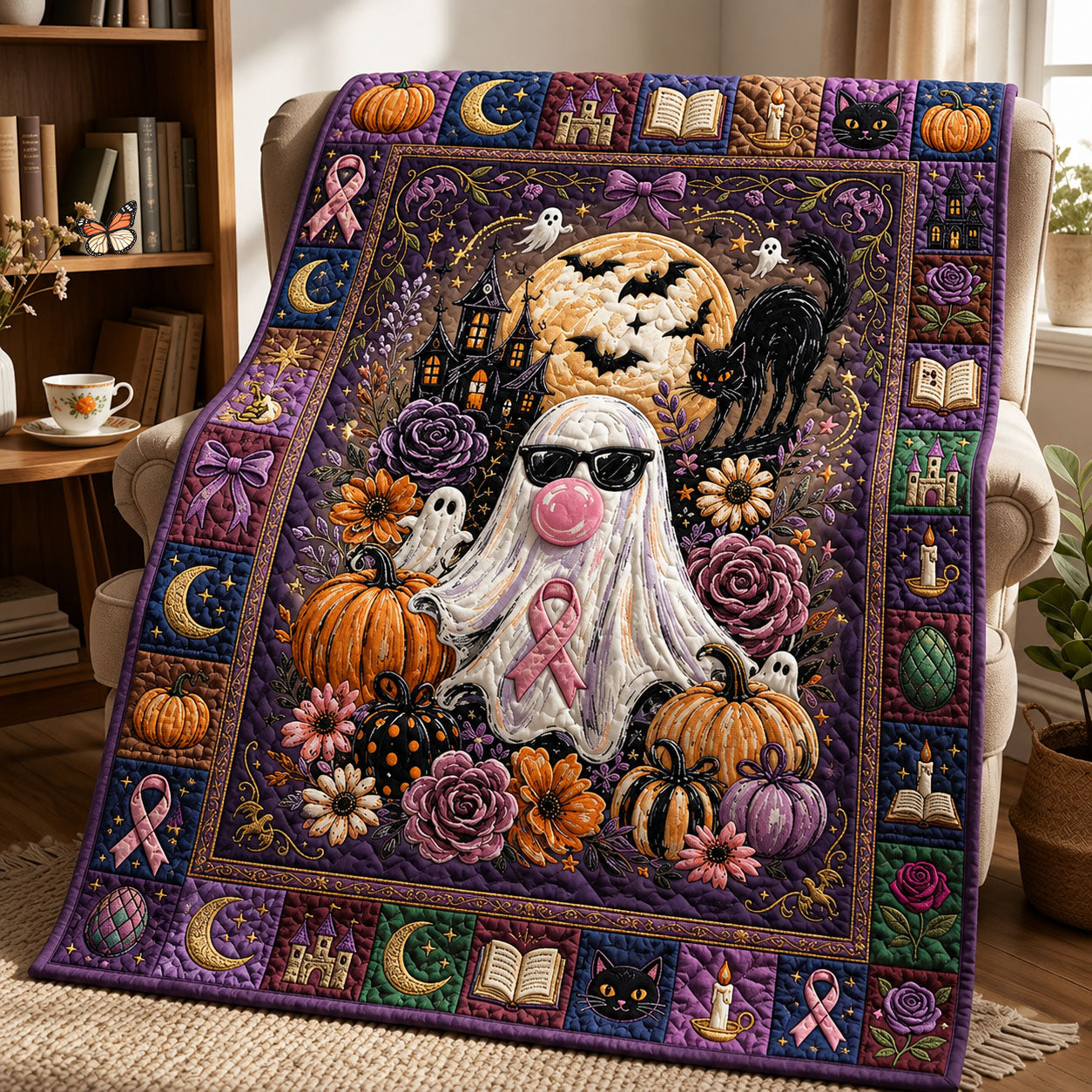Ghost Blowing Bubble Gum Quilted Blanket GFTOPND655