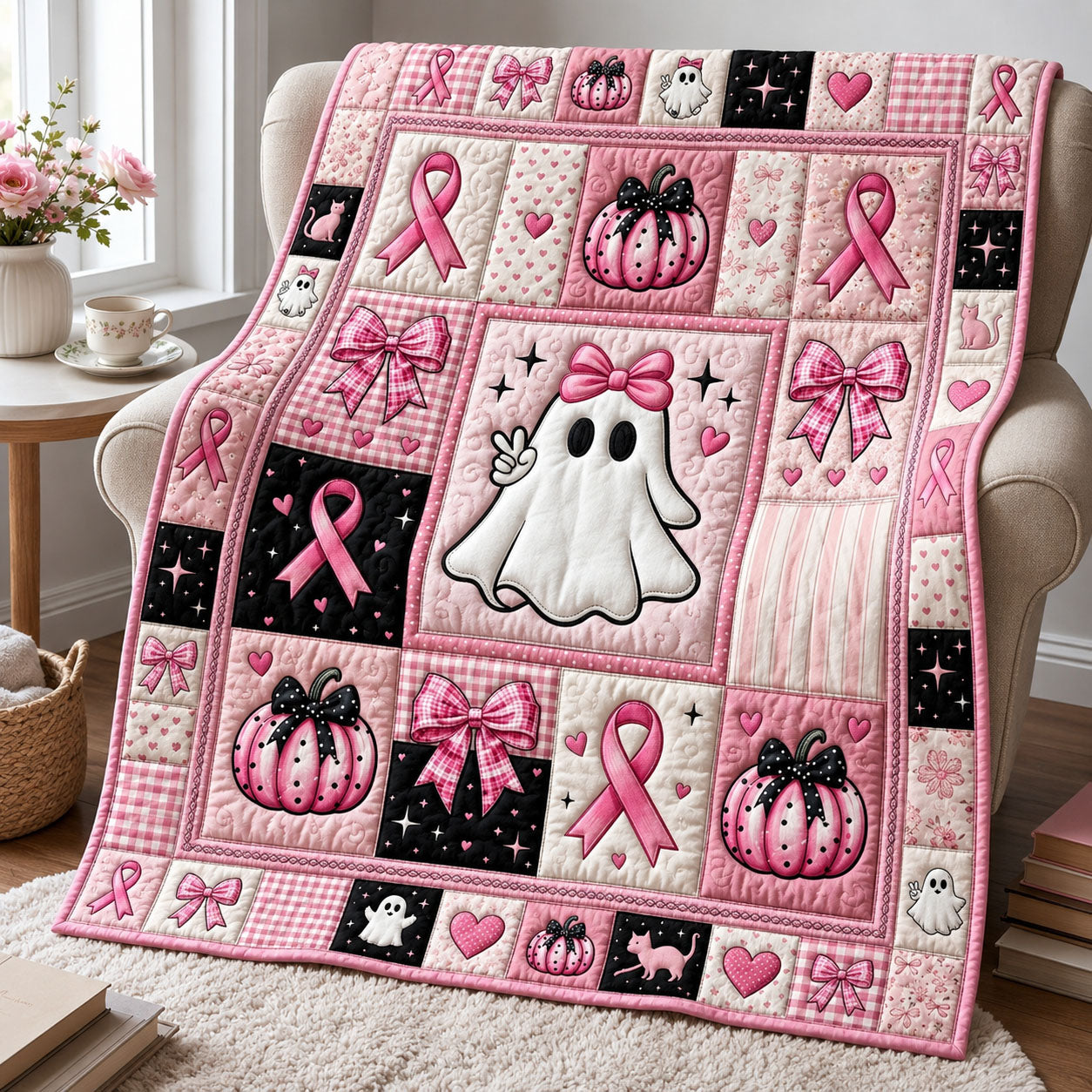Breast Cancer Ghost Coquette Bow Quilted Blanket GFTOPND657