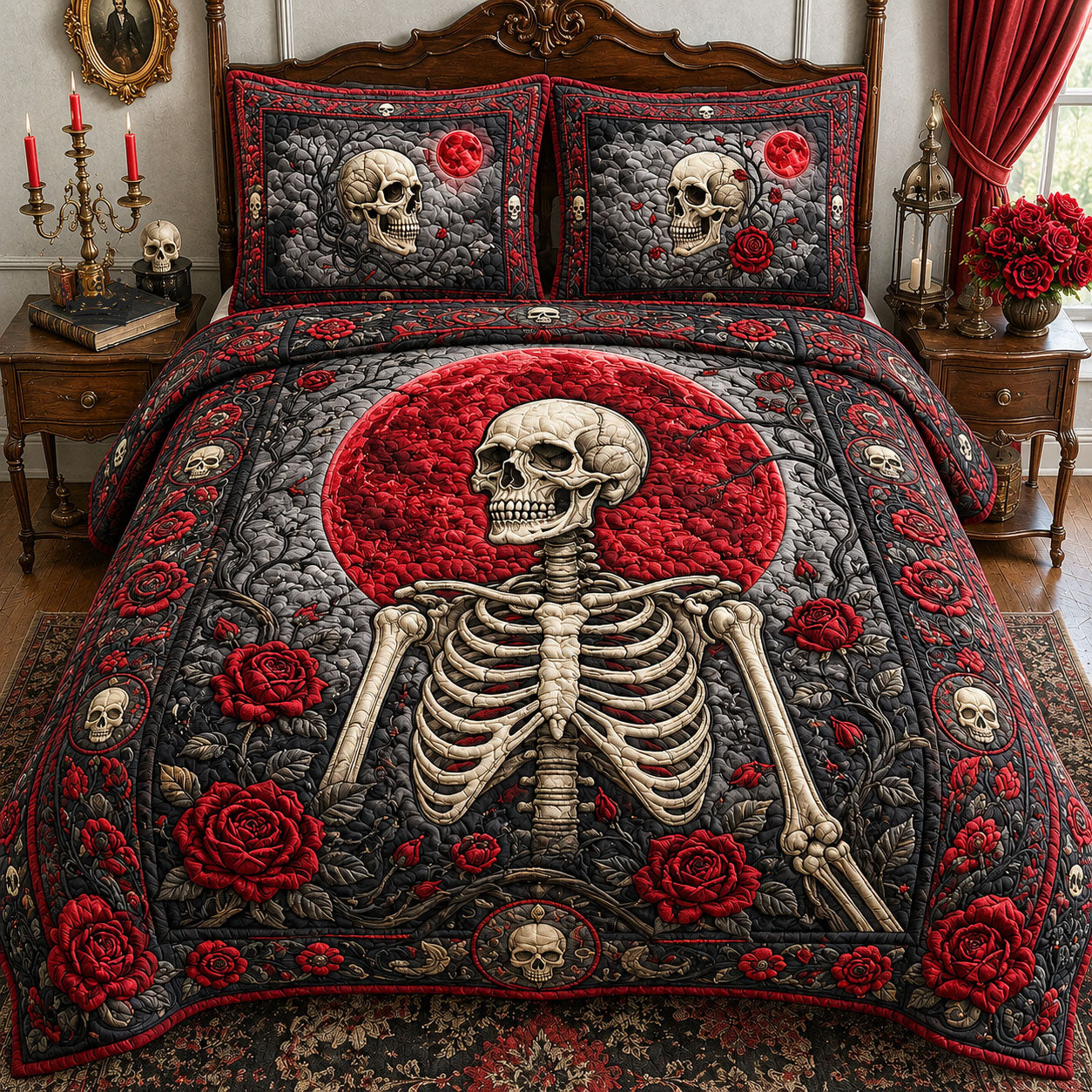 Red Moon Skeleton 3-Piece Quilted Bedding Set GFTOPND730