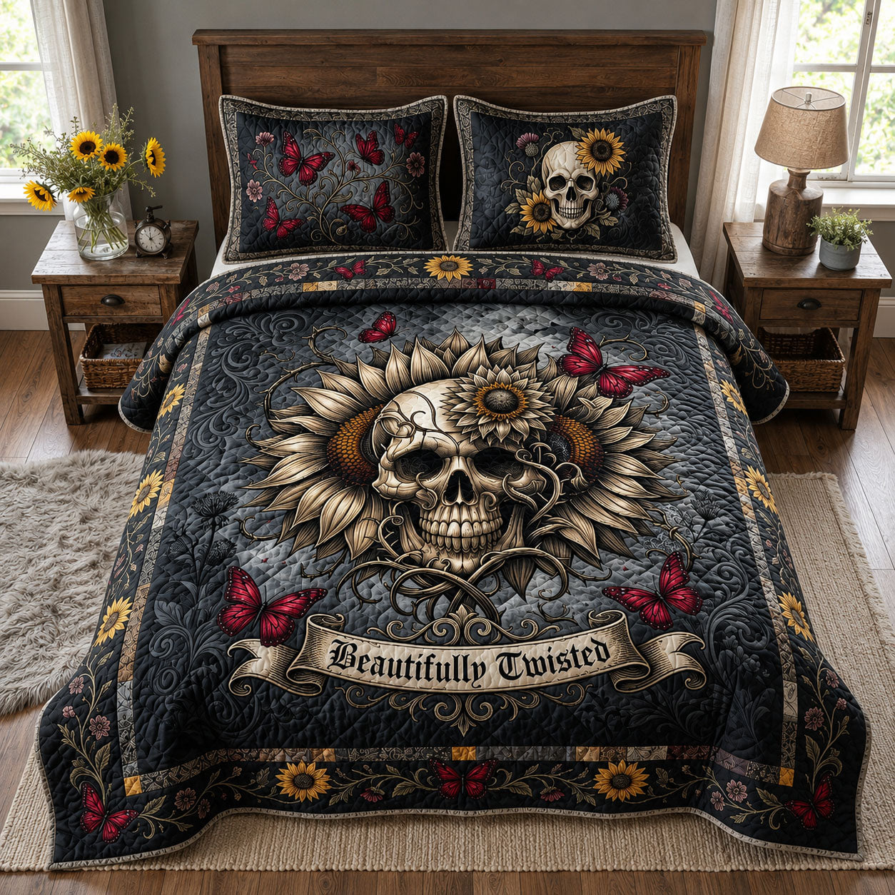 Gothic Skeleton Butterfly 3-Piece Quilted Bedding Set GFTOPND733