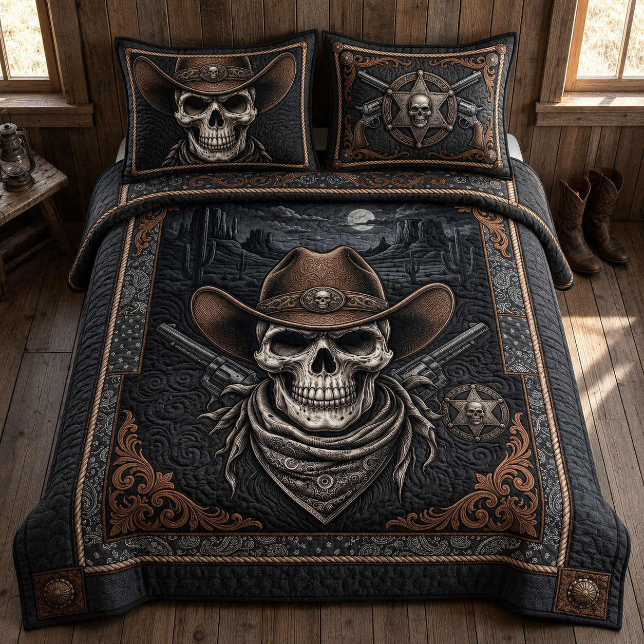 Rustic Western Skull 3-Piece Quilted Bedding Set GFTOPND734