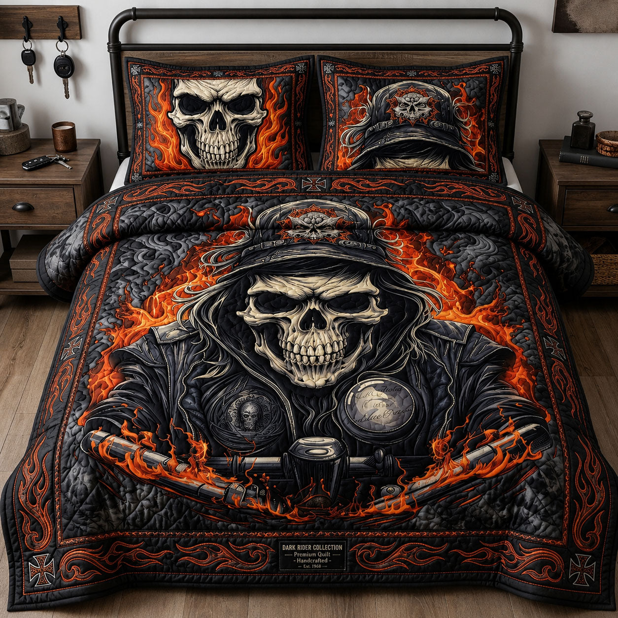 Outlaw Biker Skull Fire 3-Piece Quilted Bedding Set GFTOPND735