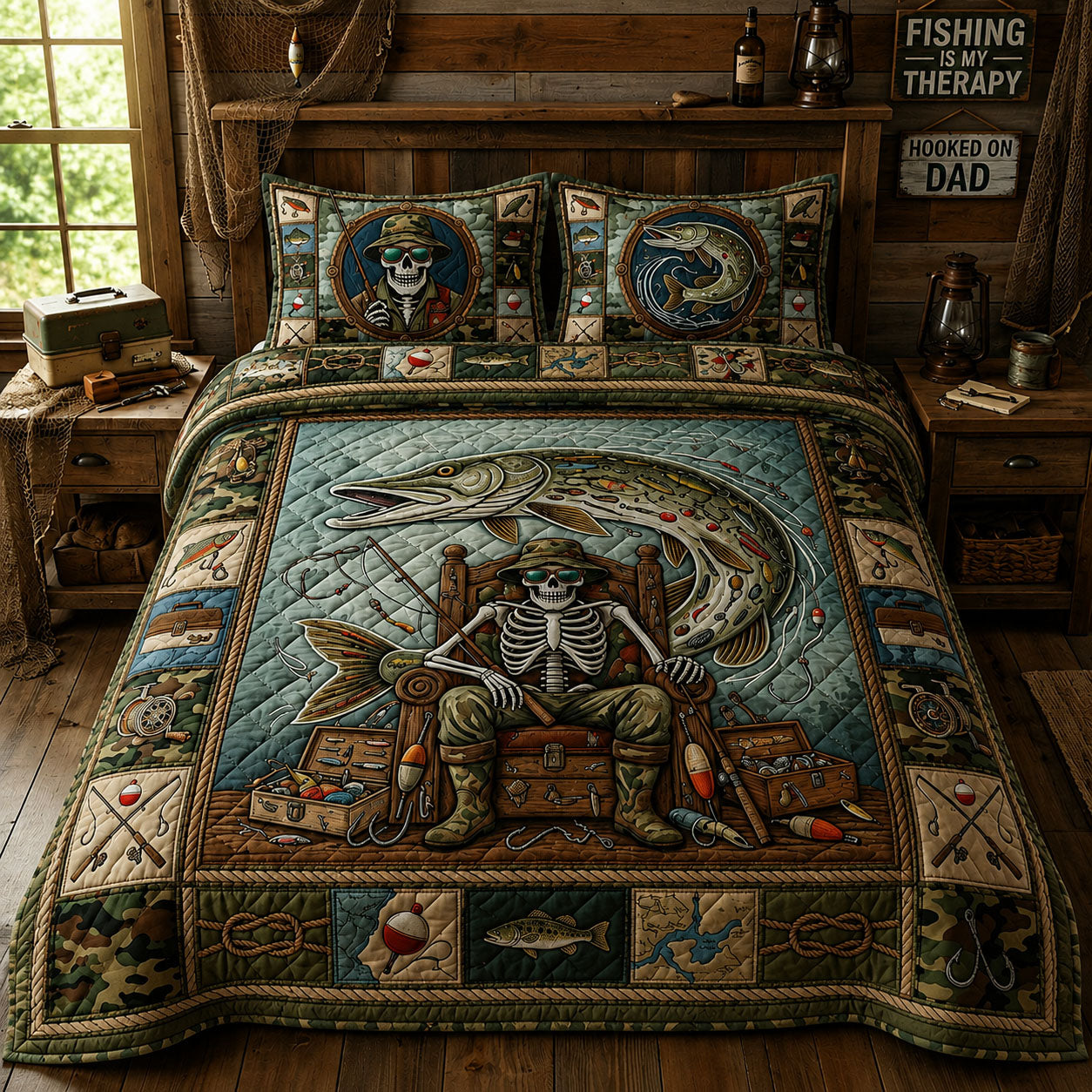 Fishing Skeleton 3-Piece Quilted Bedding Set GFTOPND736