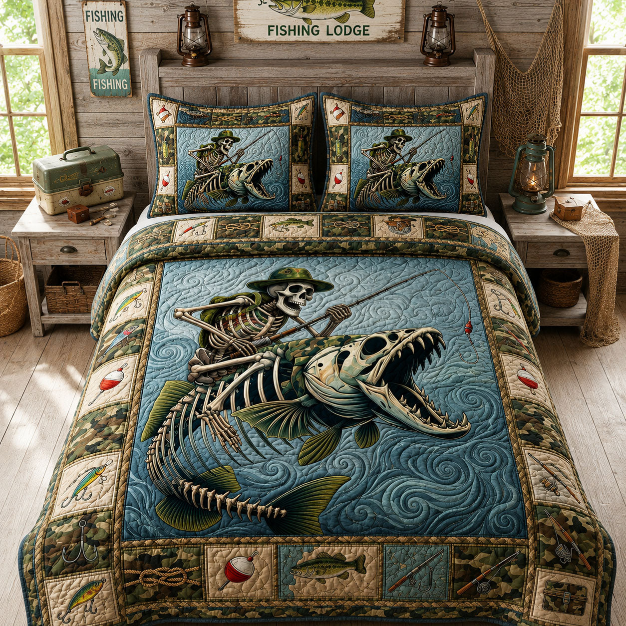 Fishing Skeleton 3-Piece Quilted Bedding Set GFTOPND737