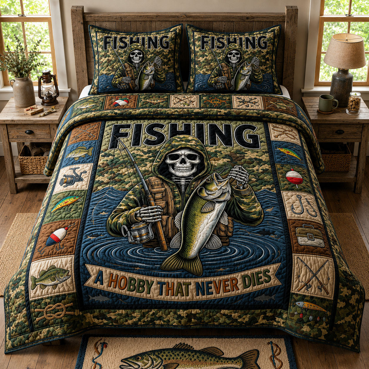 Fishing Hobby Never Dies 3-Piece Quilted Bedding Set GFTOPND738