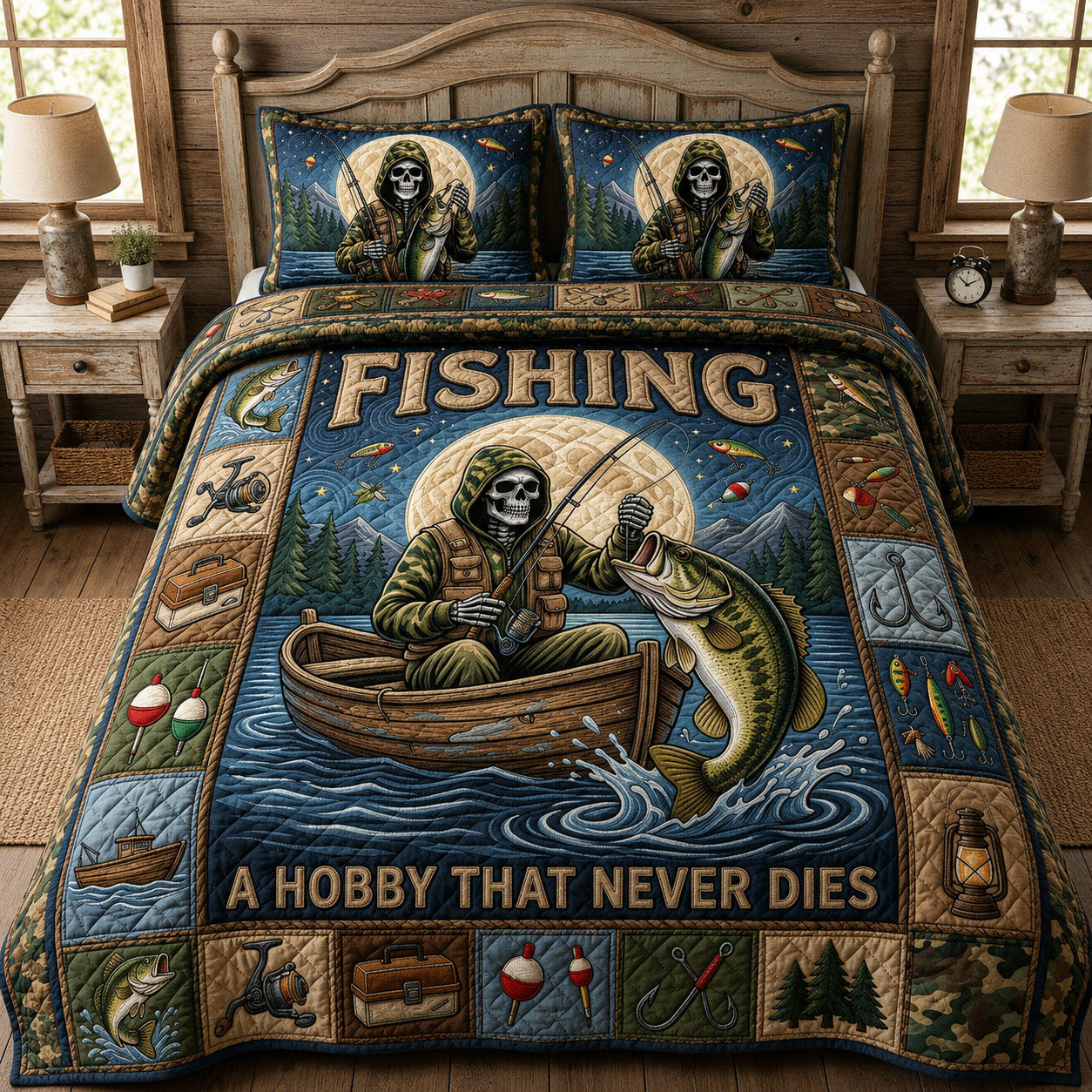 Skeleton Fisherman 3-Piece Quilted Bedding Set GFTOPND739