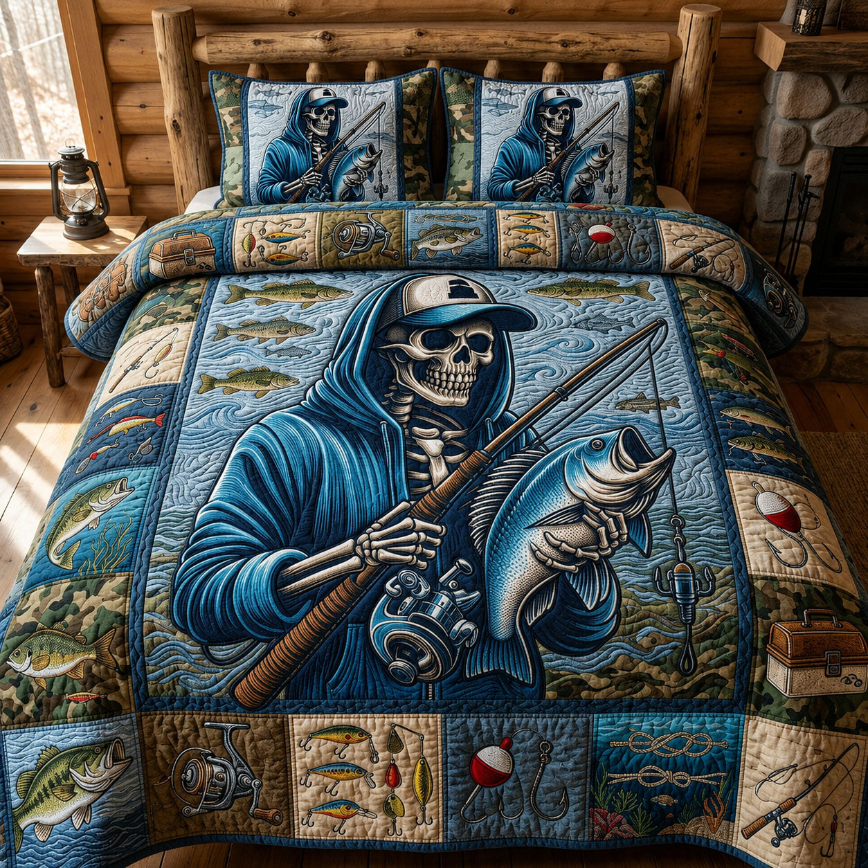 Bass Fishing Skull 3-Piece Quilted Bedding Set GFTOPND740