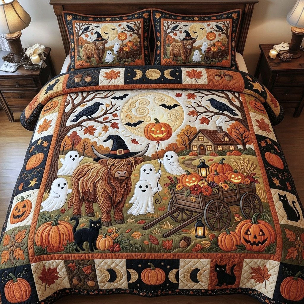 Highland Cow With Ghost 3-Piece Quilted Bedding Set GFTOPND743