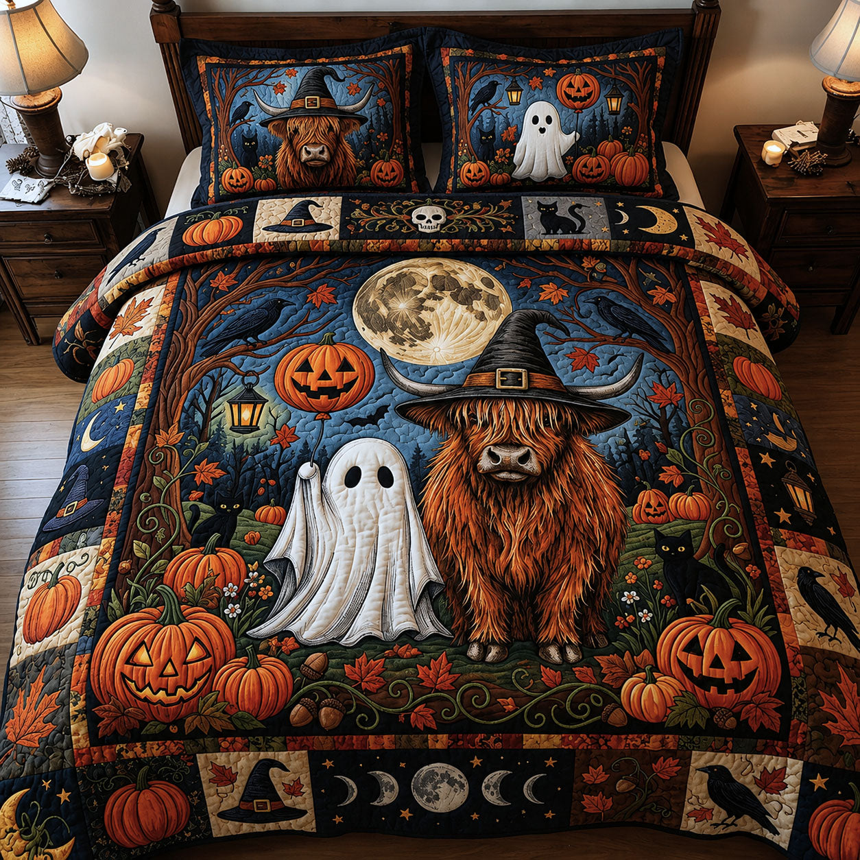 Fall Highland Cow With Ghost 3-Piece Quilted Bedding Set GFTOPND744
