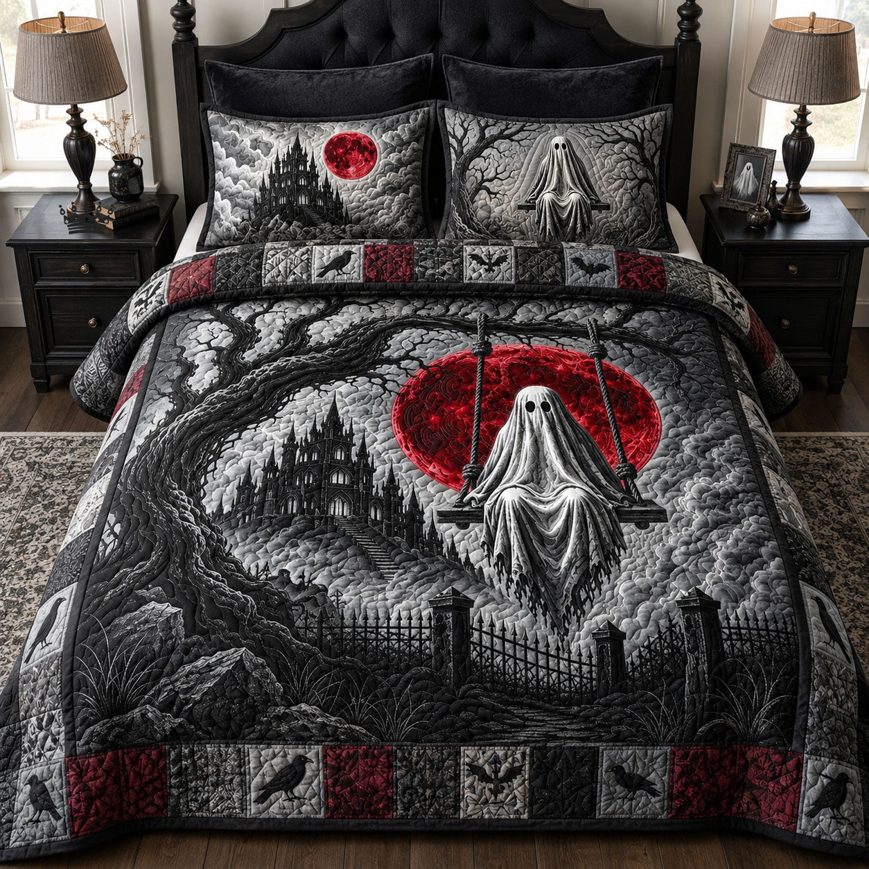 Red Moon Spooky Night 3-Piece Quilted Bedding Set GFTOPND748