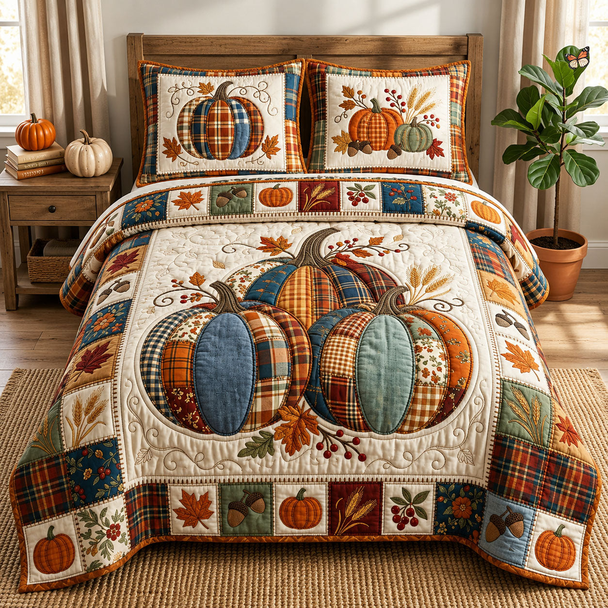 Fall Pumpkin 3-Piece Quilted Bedding Set GFTOPND793