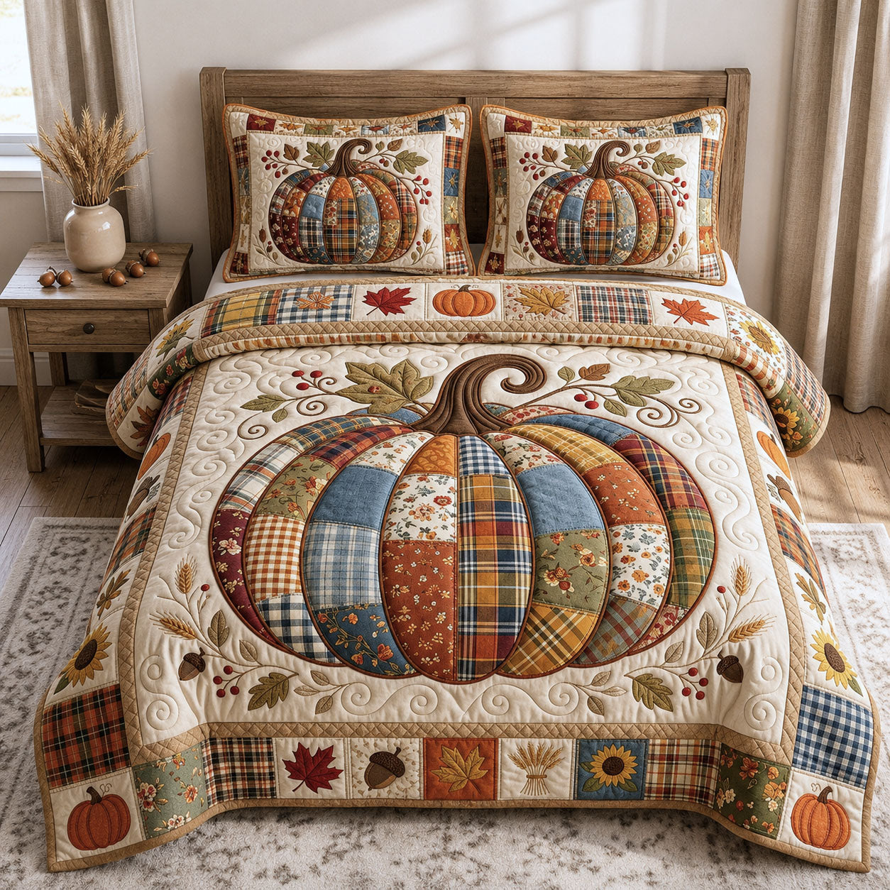 Preppy Pumpkin 3-Piece Quilted Bedding Set GFTOPND794