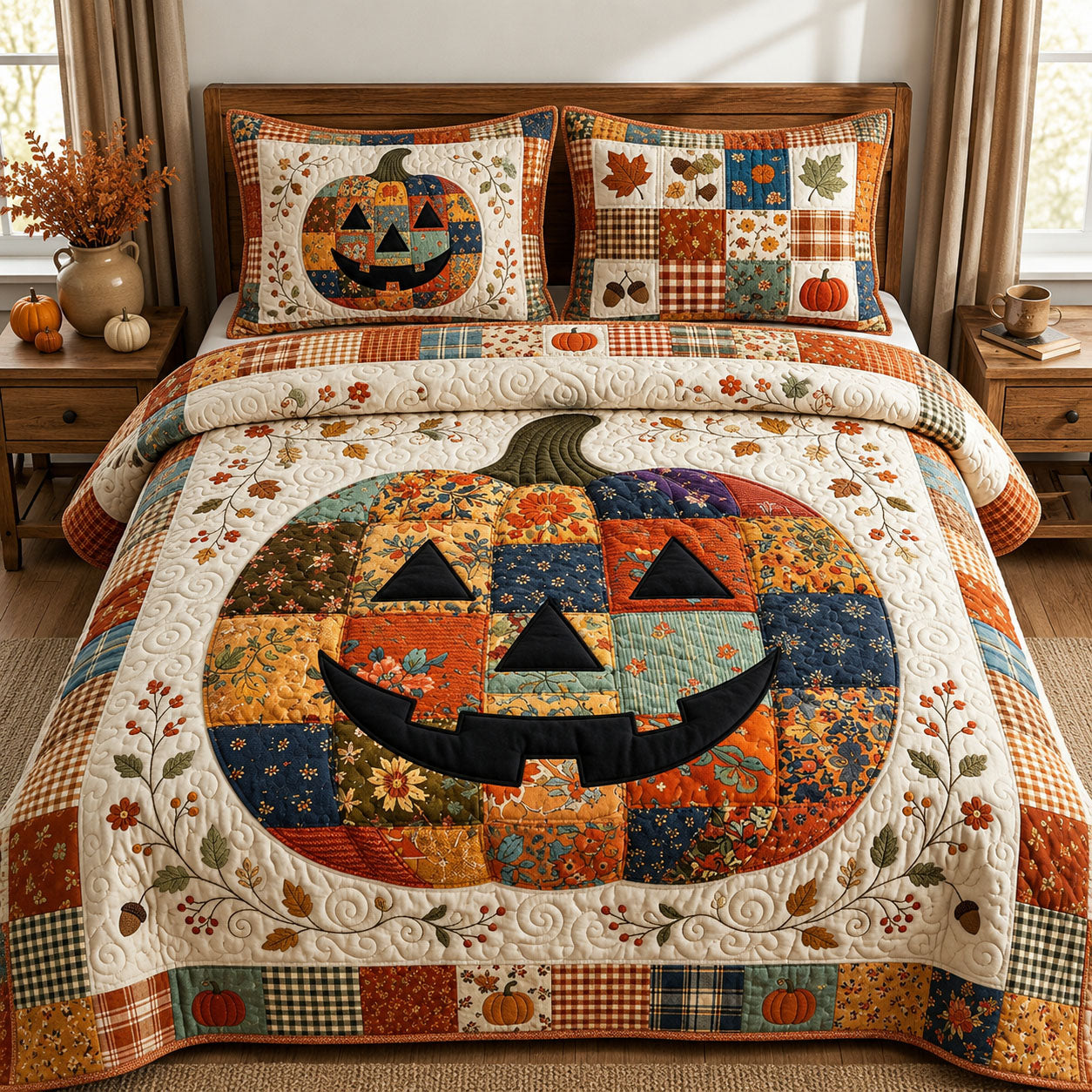 Cozy Autumn Pumpkin 3-Piece Quilted Bedding Set GFTOPND795