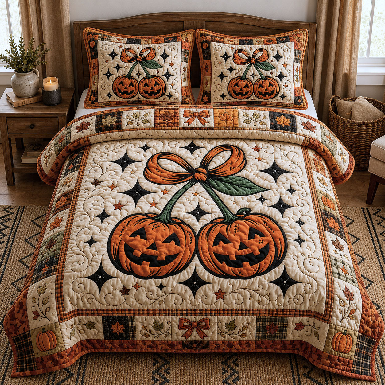 Pumpkin Cherries 3-Piece Quilted Bedding Set GFTOPND796