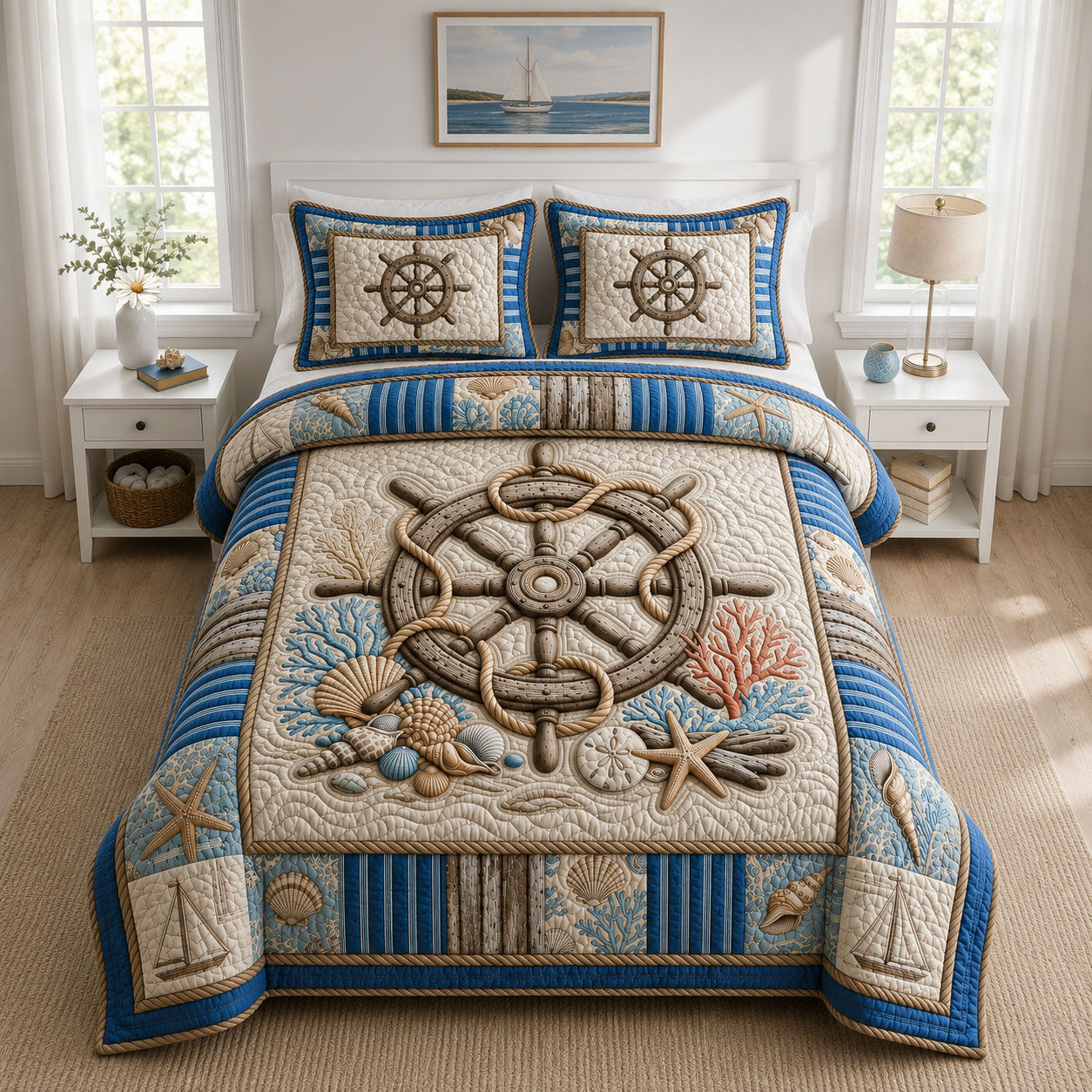 Ship Wheel Coastal 3-Piece Quilted Bedding Set GFTOPND828