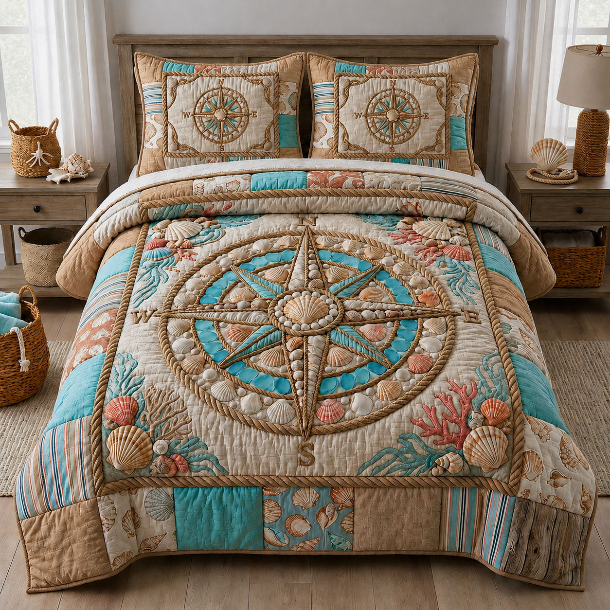 Pearl Seashell Compass 3-Piece Quilted Bedding Set GFTOPND829