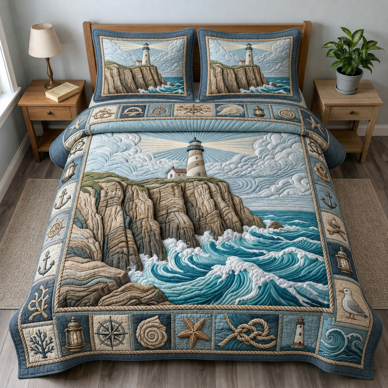 Lighthouse On The Cliffs 3-Piece Quilted Bedding Set GFTOPND833