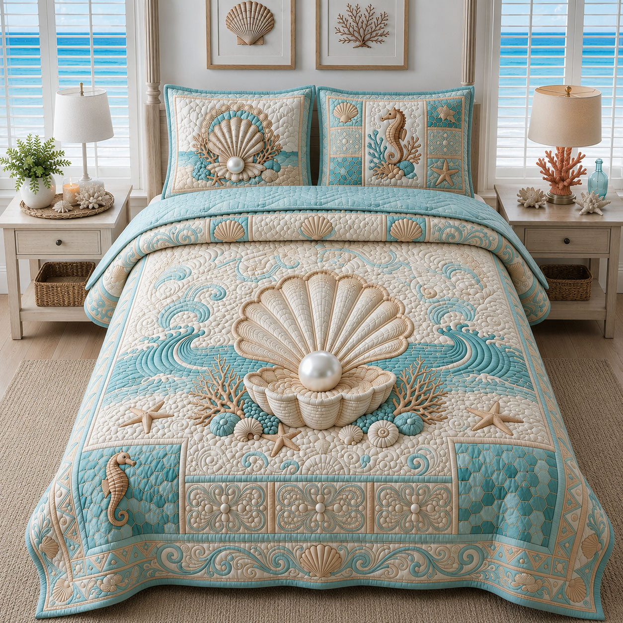 Pearl Seashell Ocean 3-Piece Quilted Bedding Set GFTOPND836