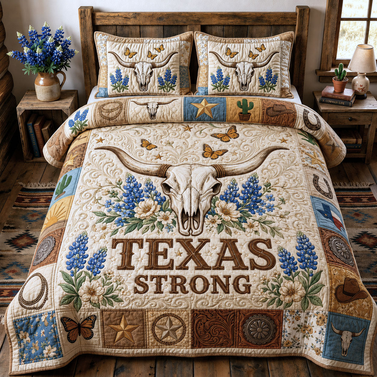 Longhorn Skull 3-Piece Quilted Bedding Set GFTOPND848