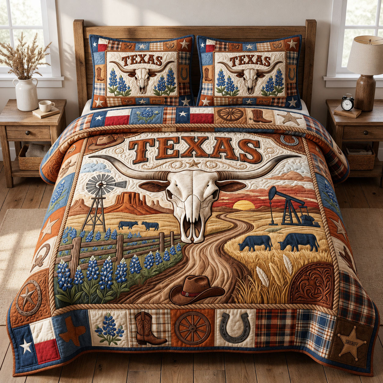 Longhorn Skull 3-Piece Quilted Bedding Set GFTOPND850