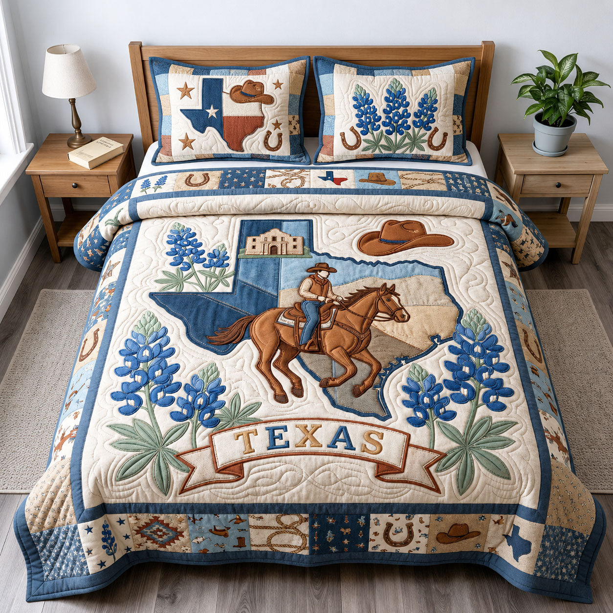 Texas Flag Bluebonnet 3-Piece Quilted Bedding Set GFTOPND851