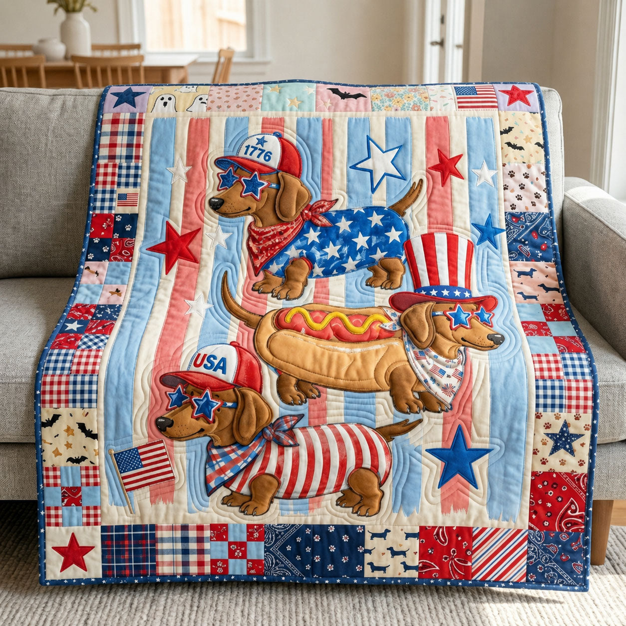 Dachshund Patriotic Quilted Blanket GFTOPND956