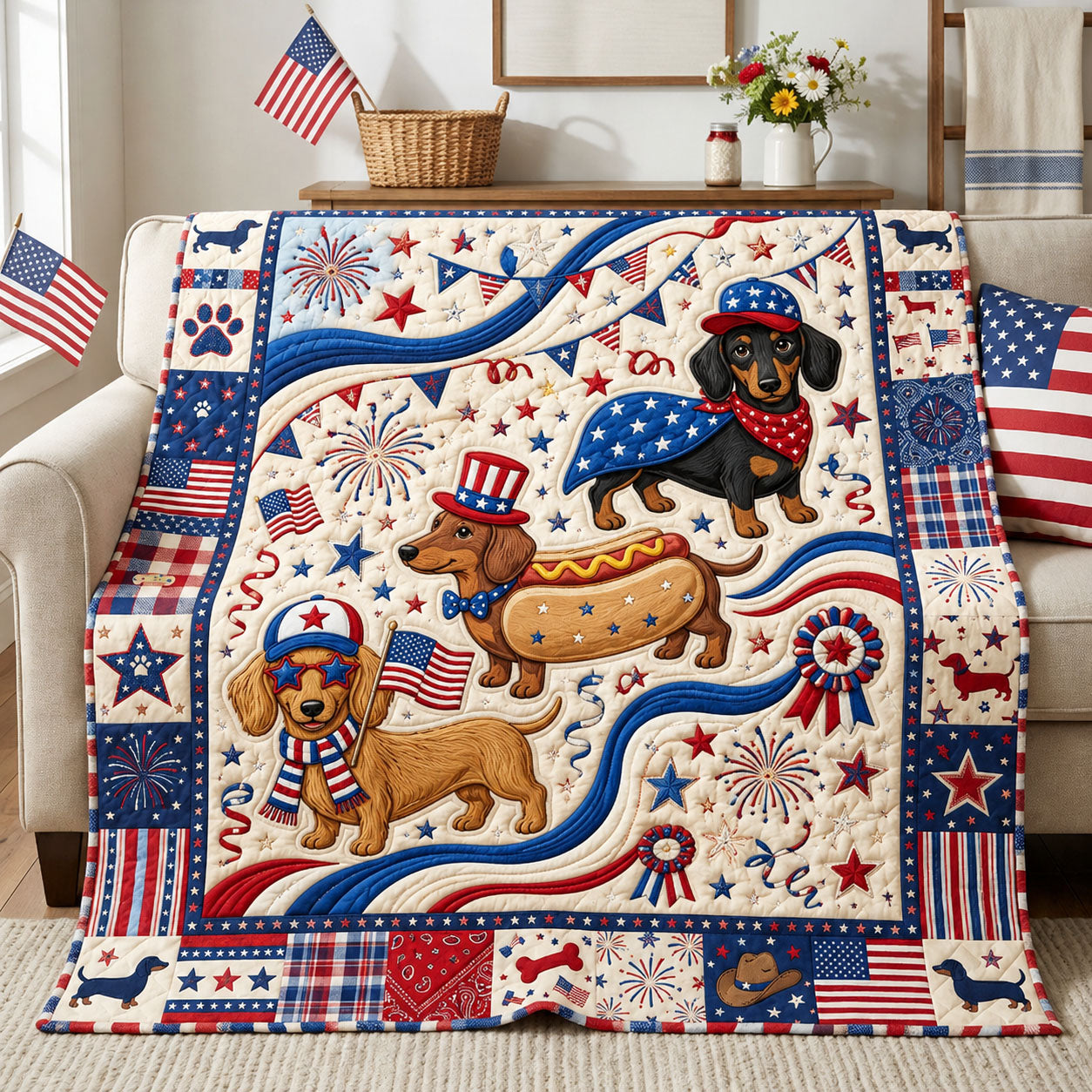 Dachshund Patriotic Quilted Blanket GFTOPND957